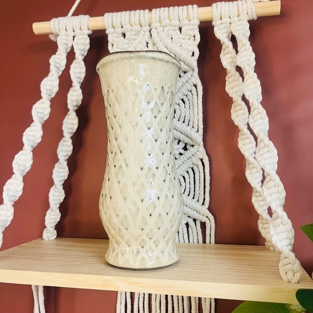 Art Pottery Vase | Textured Cream Blue Accent Glazed Fluted Vase | Boho